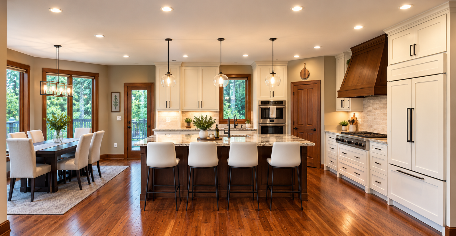 Spacious kitchen featuring natural exoctic wood floors, elegant cabinetry, and a large island